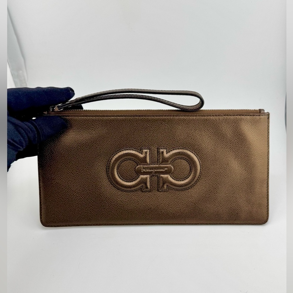 Salvatore Ferragamo Gancio Wristlet or Clutch Pouch Bronze with Silver Hardware